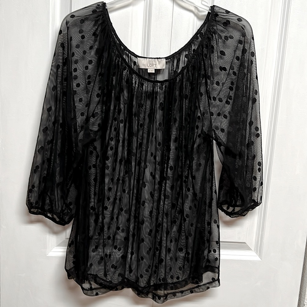 Ann Taylor Loft Black Polka Dot Mid Sleeve Mesh Top Size M